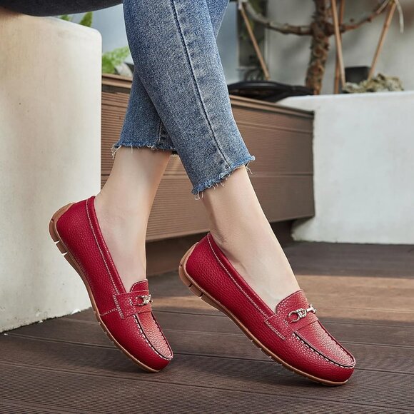 Kordal Women's Red Leather Gold Accent Buckle Slip-Ons Walking Flats Loafers - Picture 7 of 9